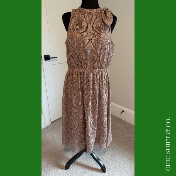 Latte Midi Dress | JS Collections | Illusion Halter | Floral Embroidery | Size M - Picture 2 of 7
